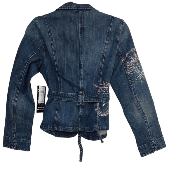 Pzi jean women denim jacket in size M embroidery accent belted boho festival Y2K - Picture 3 of 10